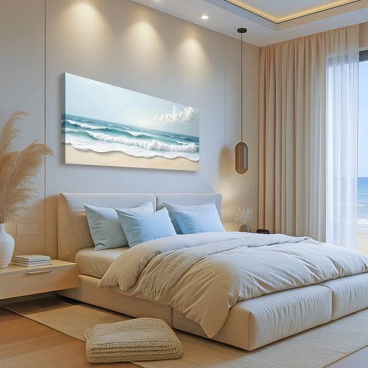 Turquoise Waves on White Sand canvas shown in a styled room setting, view 2