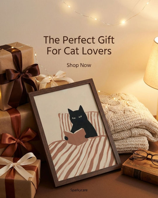 Cat Reading Poster - Framed Wall Art That Gets Cat Lovers and Book Lovers - 20x25 cm / 8x10″ - White frame / Ready-to-hang - Sparkycare