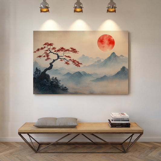 Japanese Red Sun and Bonsai Mountain Wall Art Print