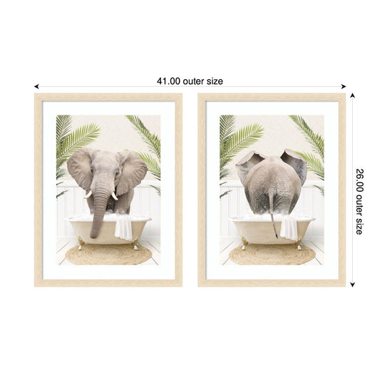 Elephant in Palm Bathtub 2 Piece Framed Wall Art Set