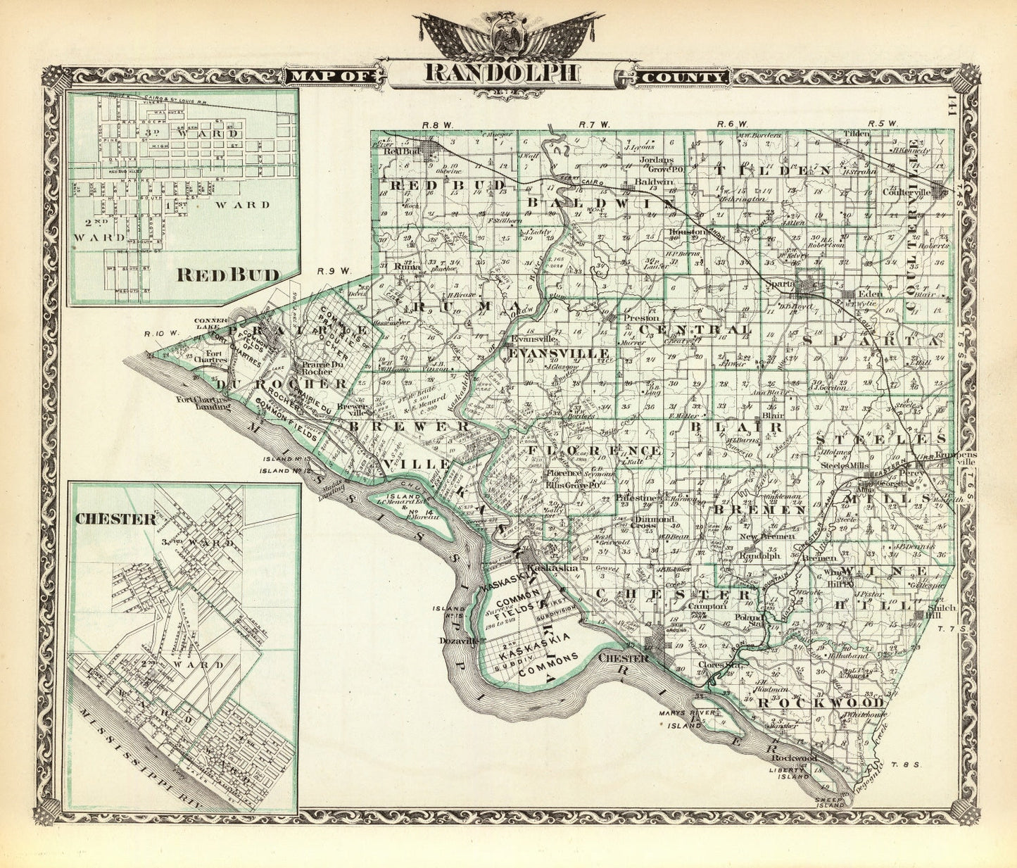 Vintage Map of Randolph County, Illinois, 1876