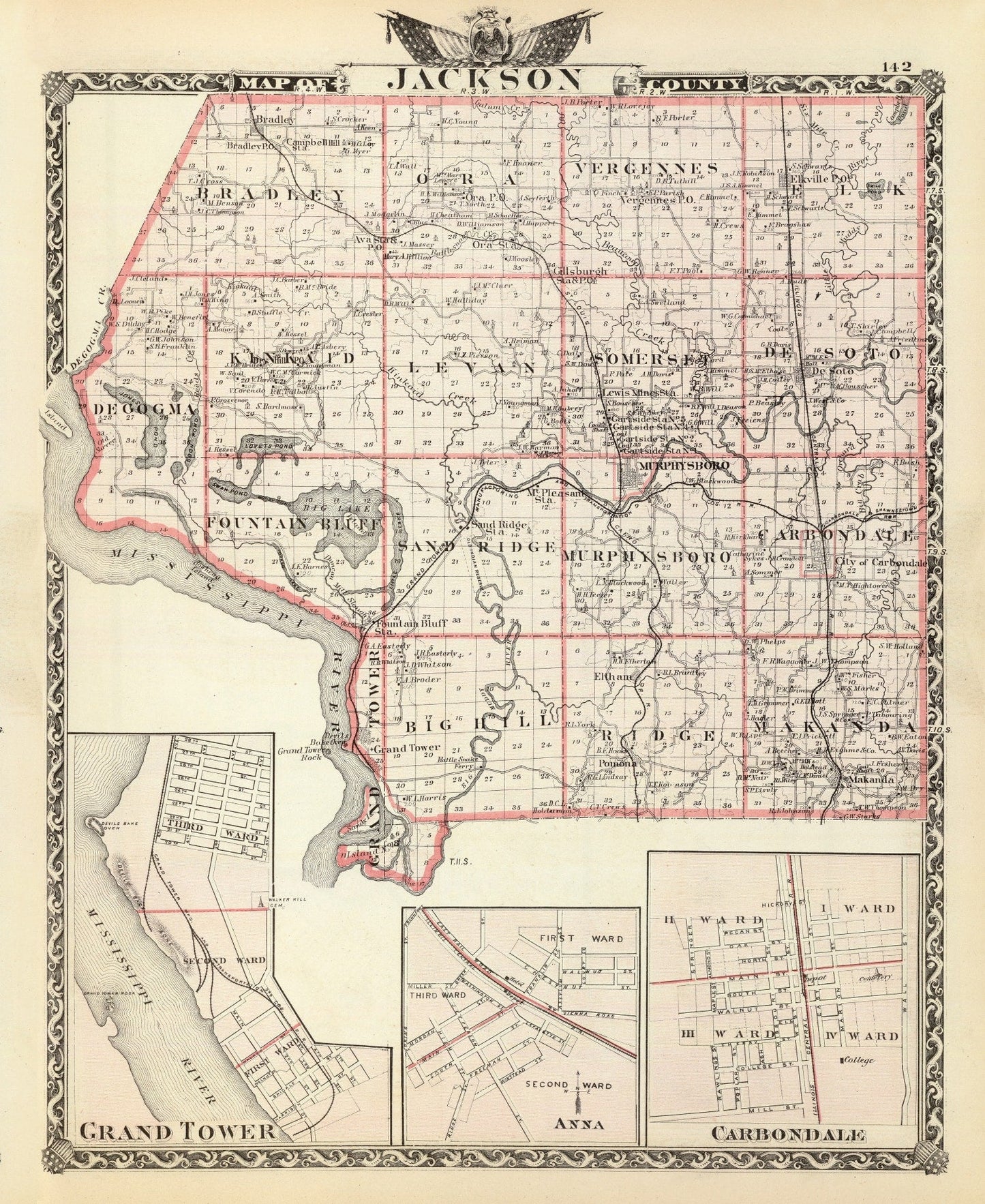 Vintage Map of Jackson County, Illinois, 1876