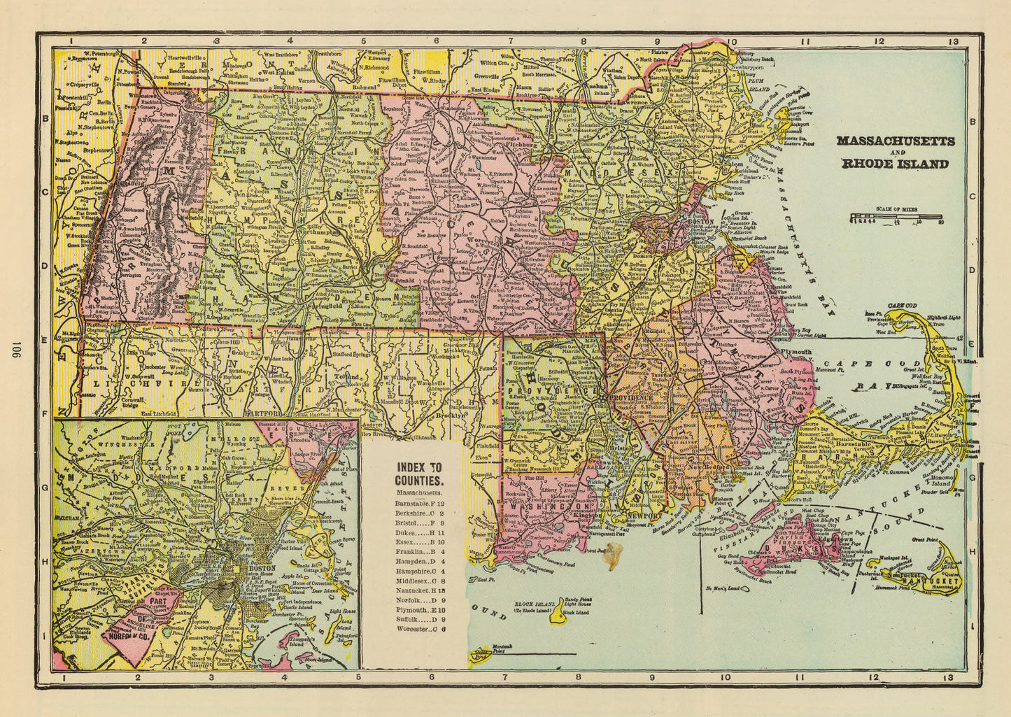 Vintage Map of Massachusetts and Rhode Island, 1909