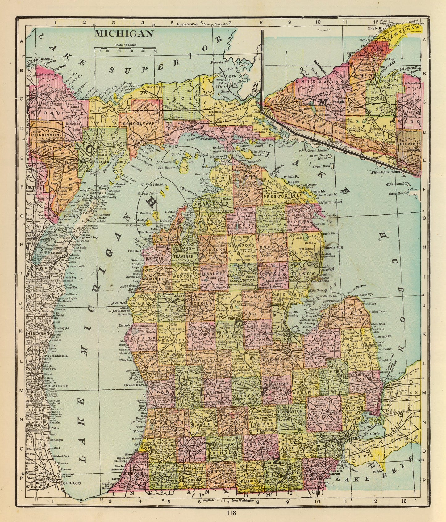 Vintage Map of Michigan, 1909