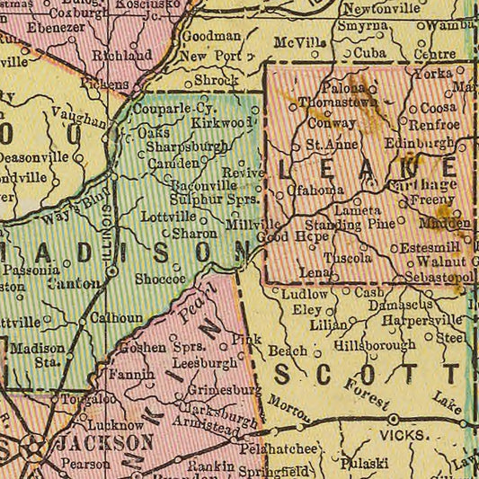 Vintage Map of Mississippi, 1909