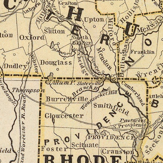 Vintage Map of Massachusetts and Rhode Island, 1842