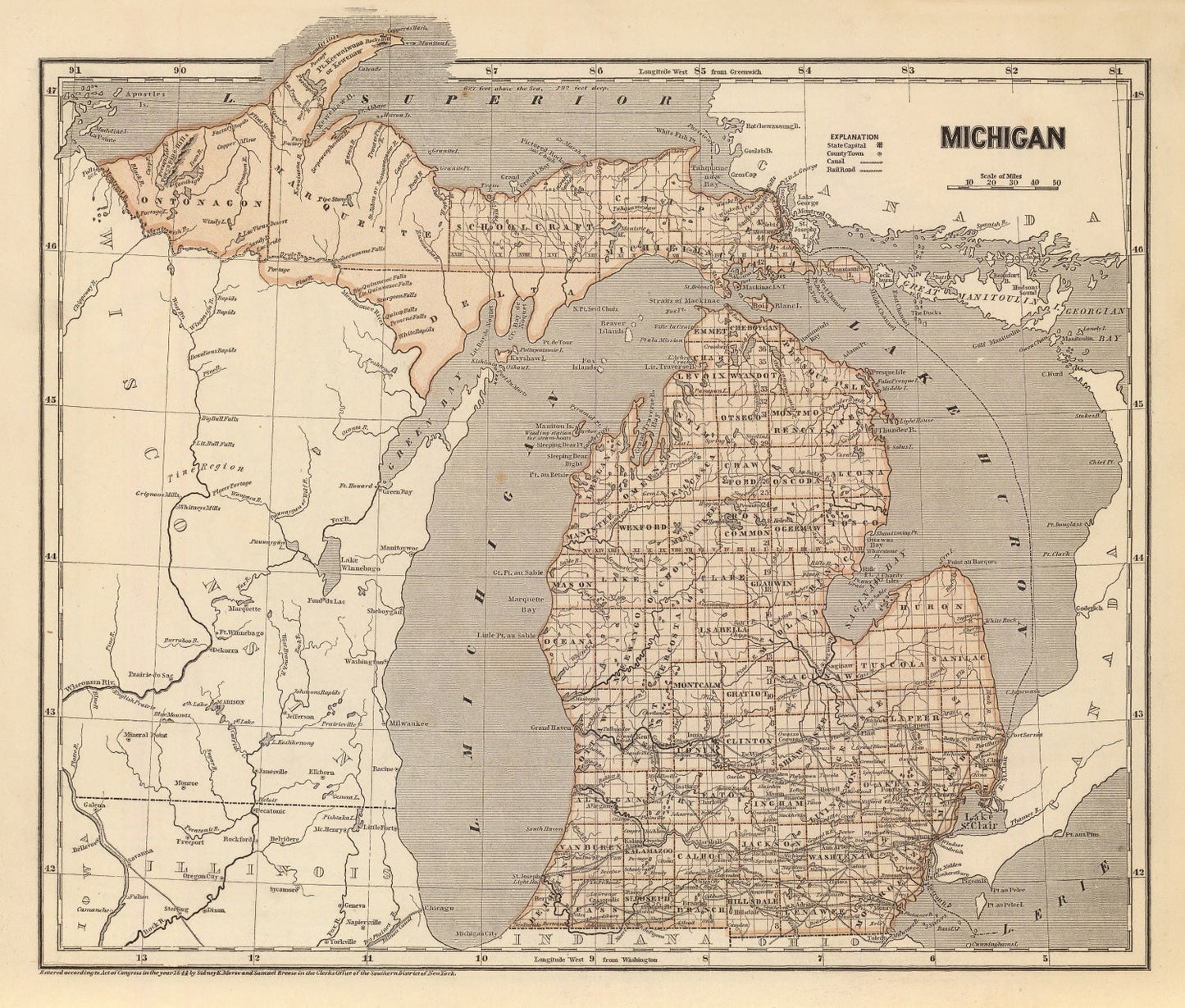Vintage Map of Michigan, 1842