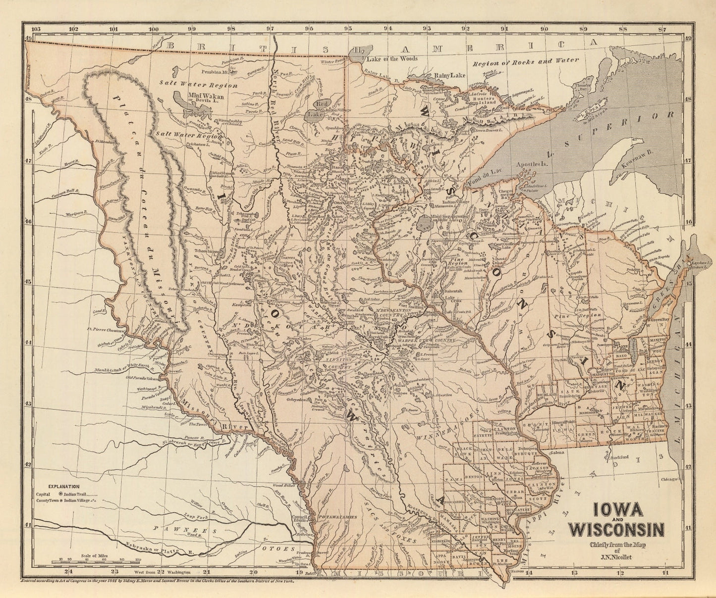 Vintage Map of Iowa and Wisconsin, 1842