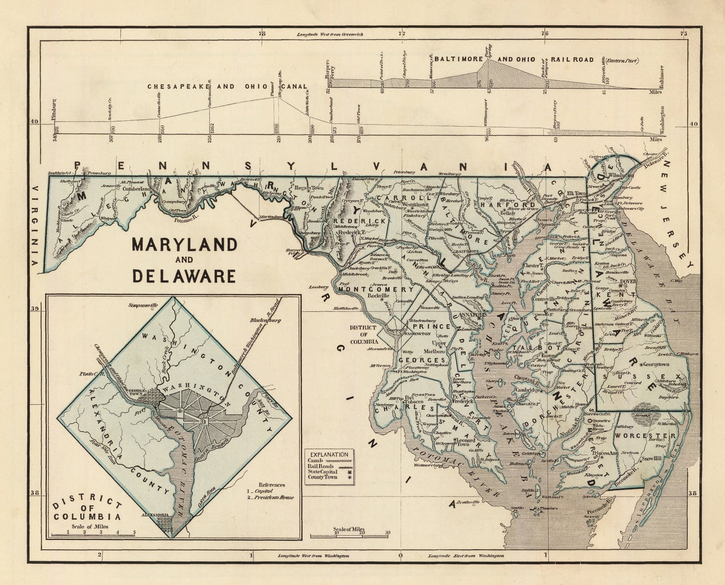 Vintage Map of Maryland & Delaware, 1842