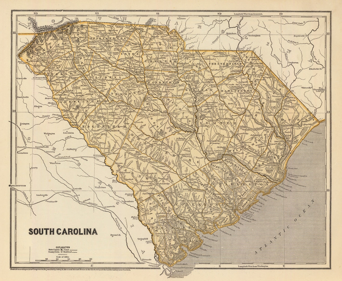 Vintage Map of South Carolina, 1842