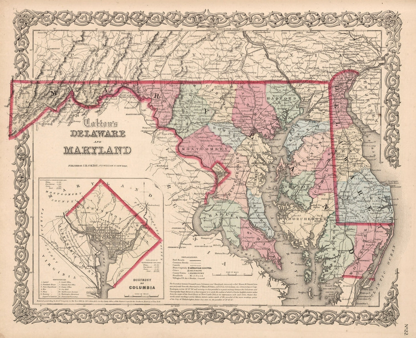 Vintage Map of Maryland & Delaware, 1861
