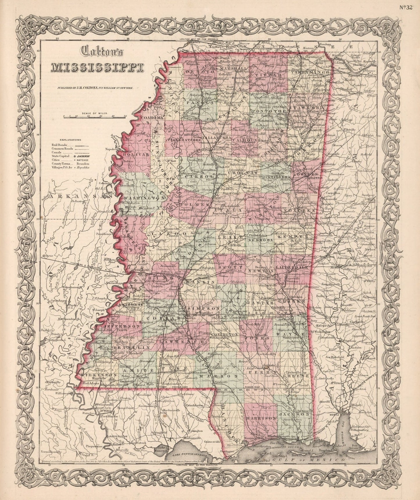 Vintage Map of Mississippi, 1861
