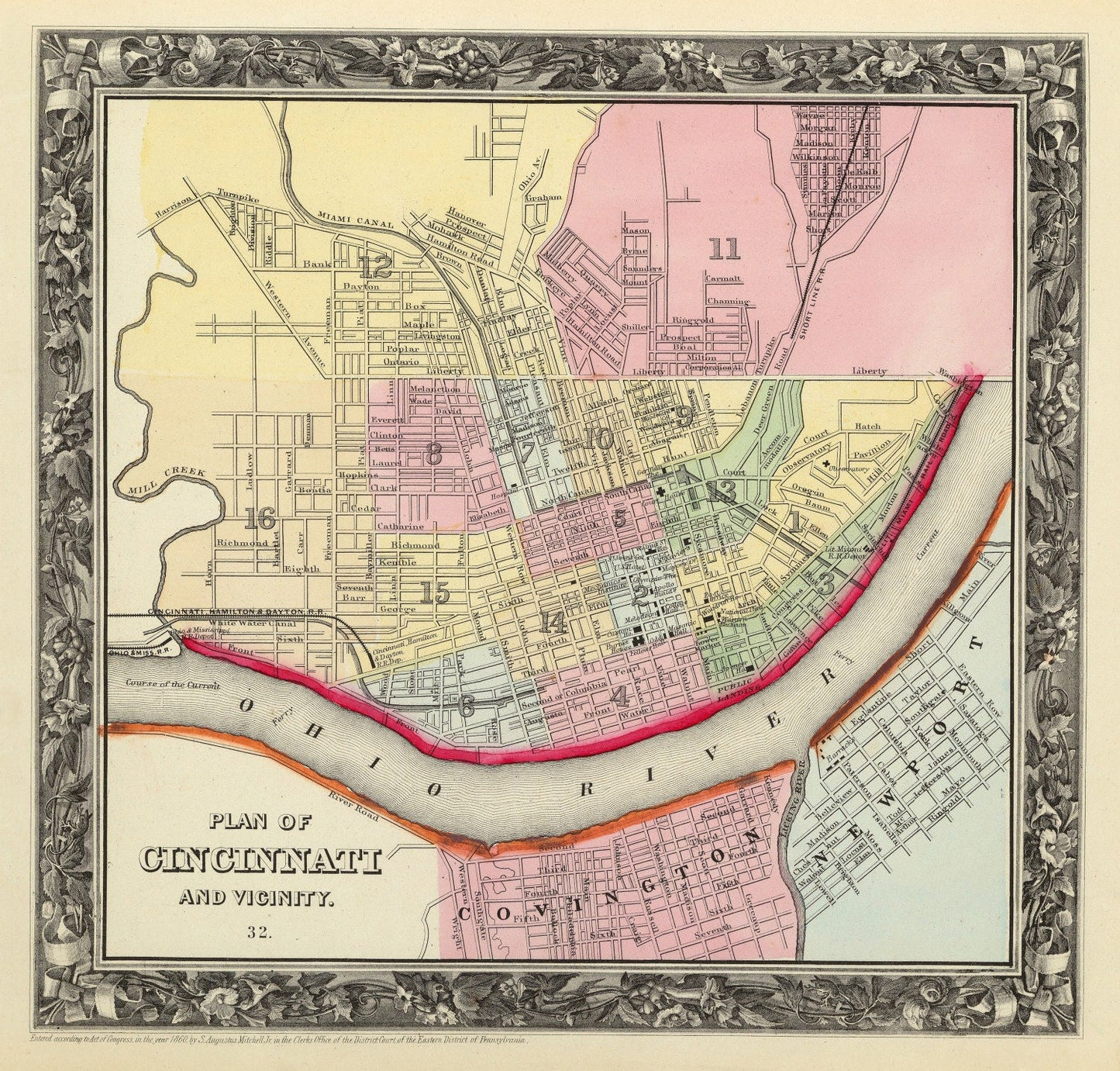 Vintage Map of Cincinnati, Ohio, 1860