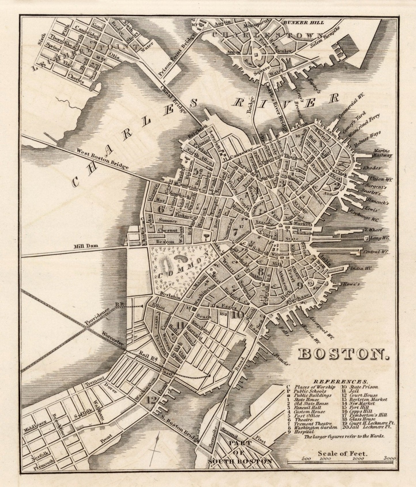 Vintage Map of Boston, Massachusetts 1844