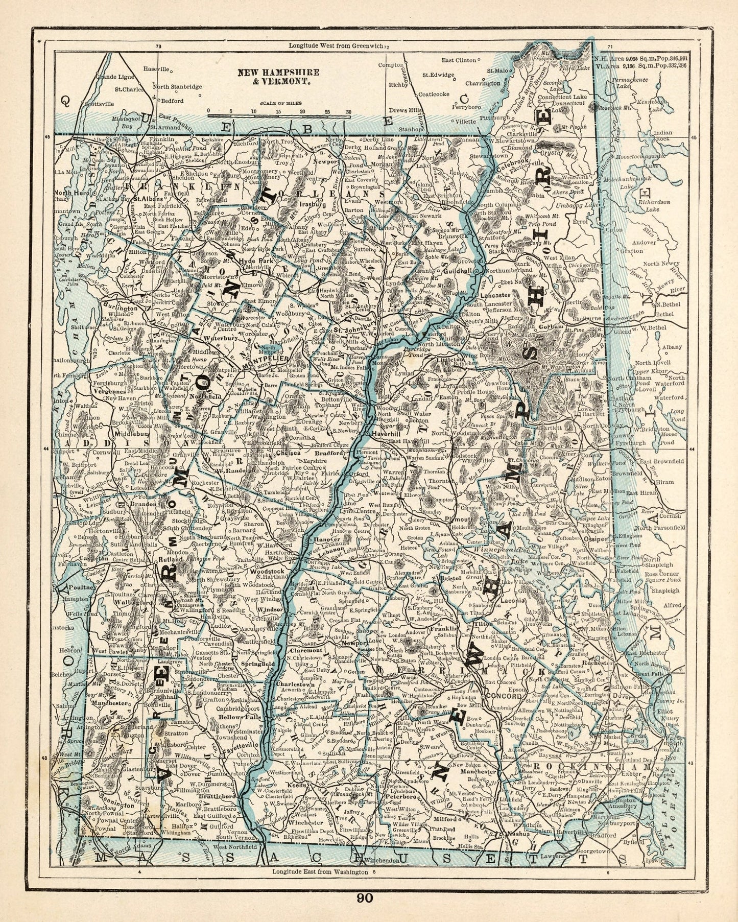 Vintage Map of New Hampshire & Vermont, 1893