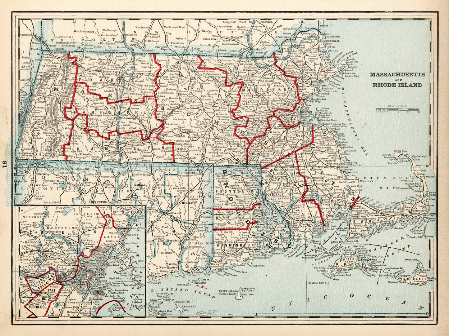 Vintage Map of Massachusetts and Rhode Island, 1893