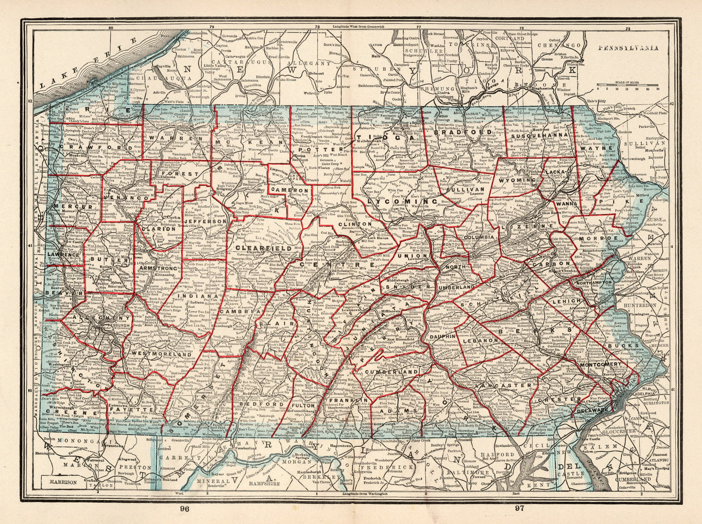 Vintage Map of Pennsylvania, 1893