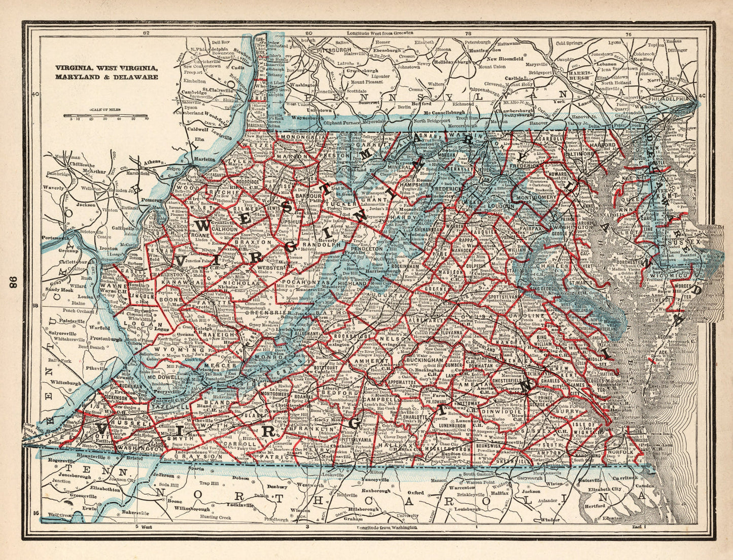Vintage Map of Virginia, West Virginia, Maryland and Delaware, 1893