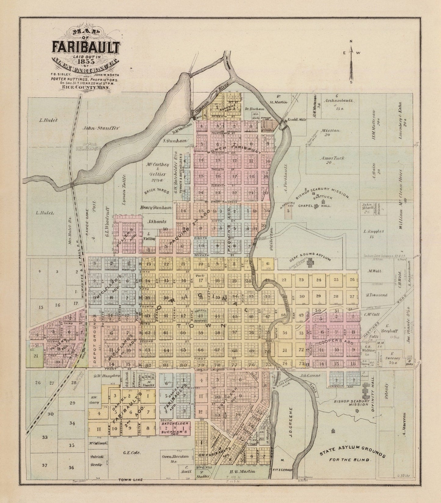 Vintage Map of Faribault, Minnesota, 1874
