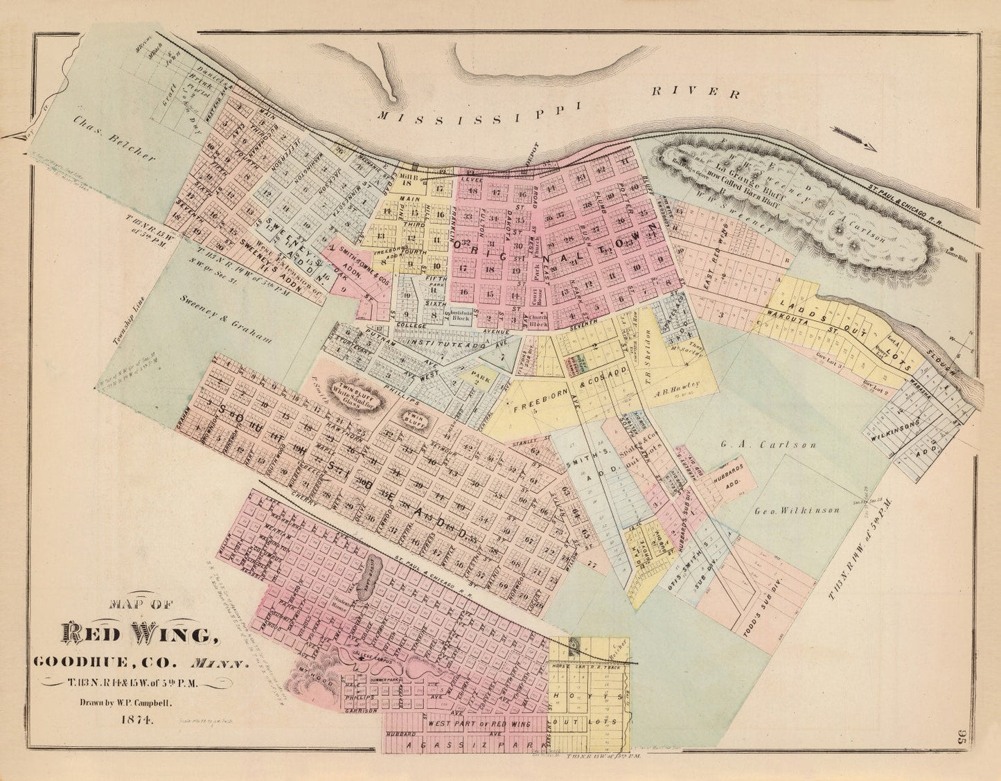 Vintage Map of Red Wing, Goodhue County, Minnesota, 1874