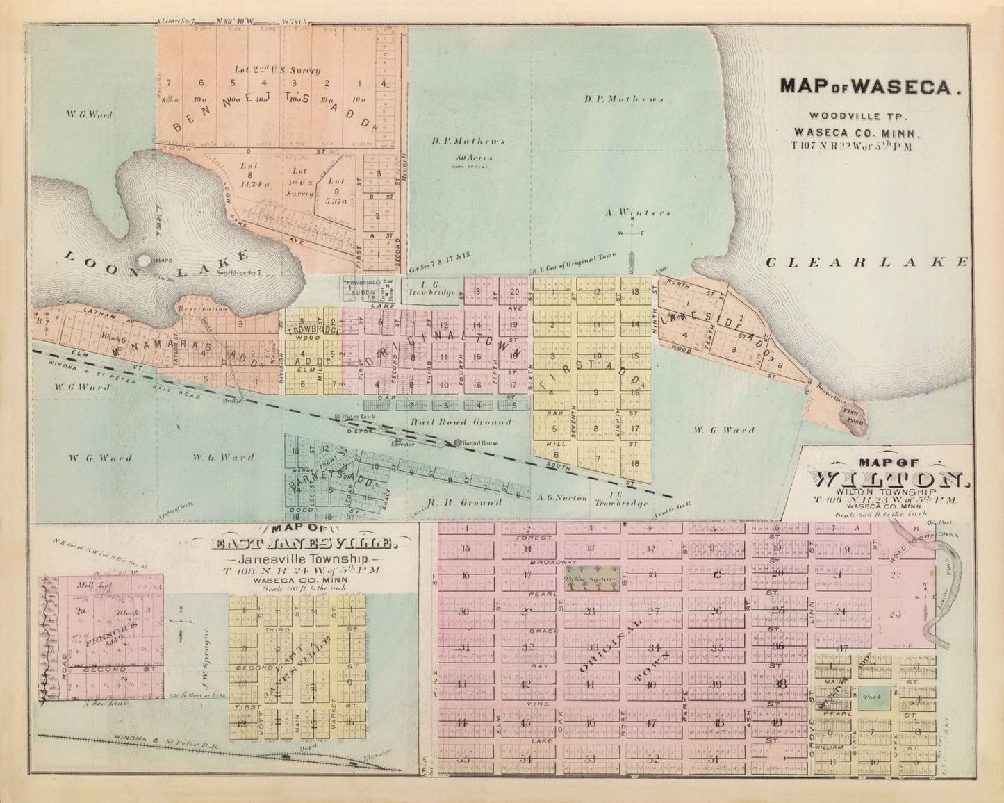 Vintage Map of Janesville, Waseca County, Minnesota, 1874