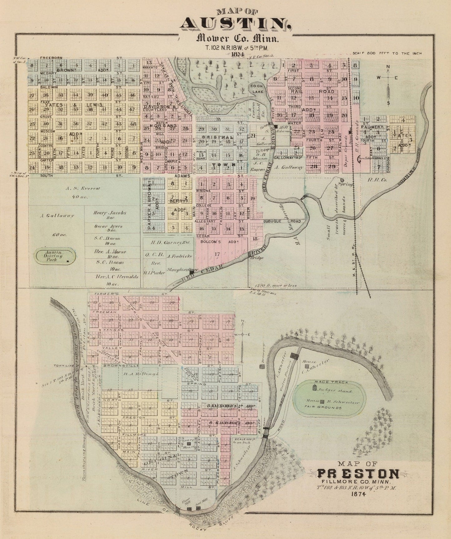 Vintage Map of Austin, Minnesota, 1874