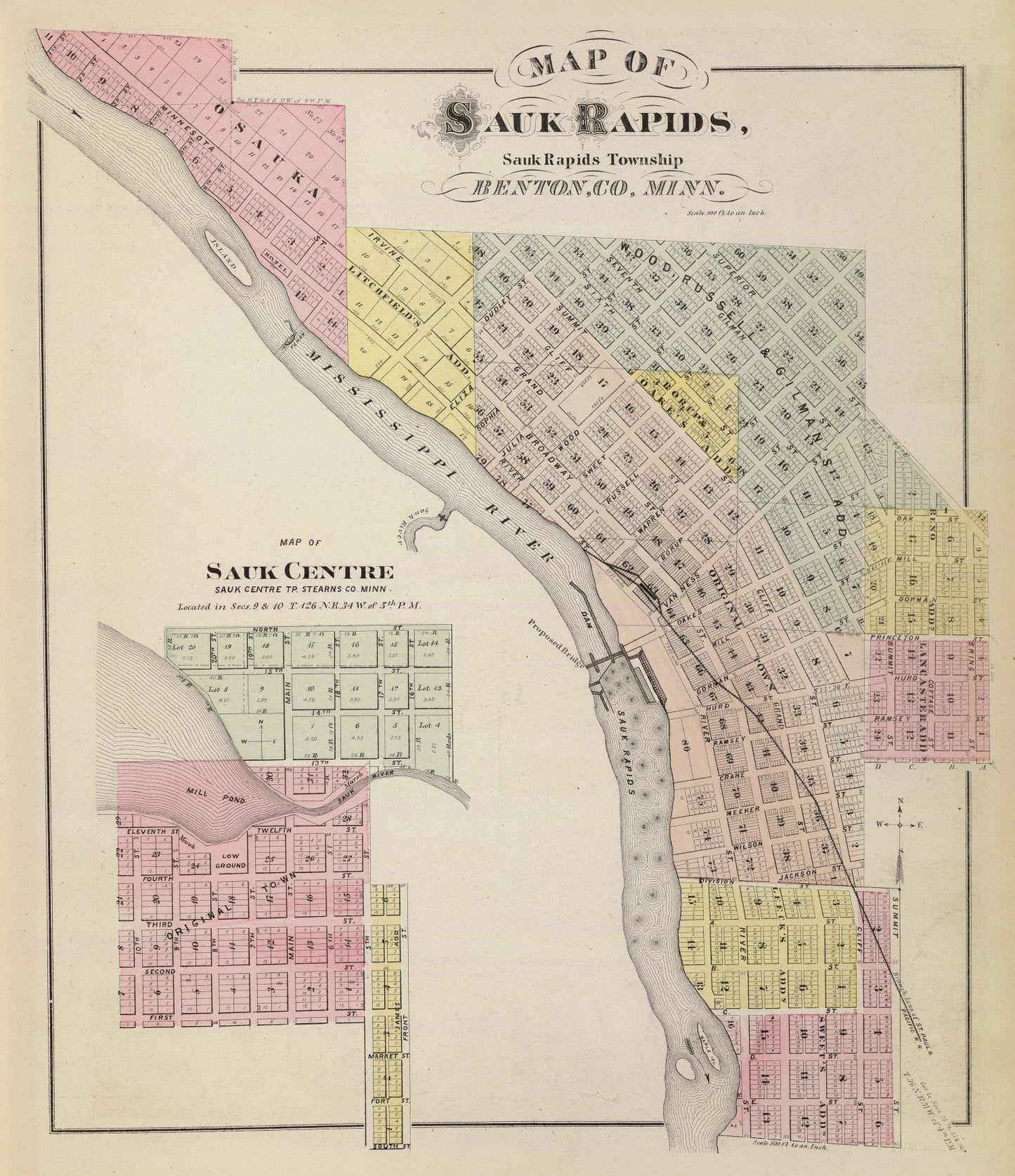 Vintage Map of Sauk Centre, Minnesota, 1874