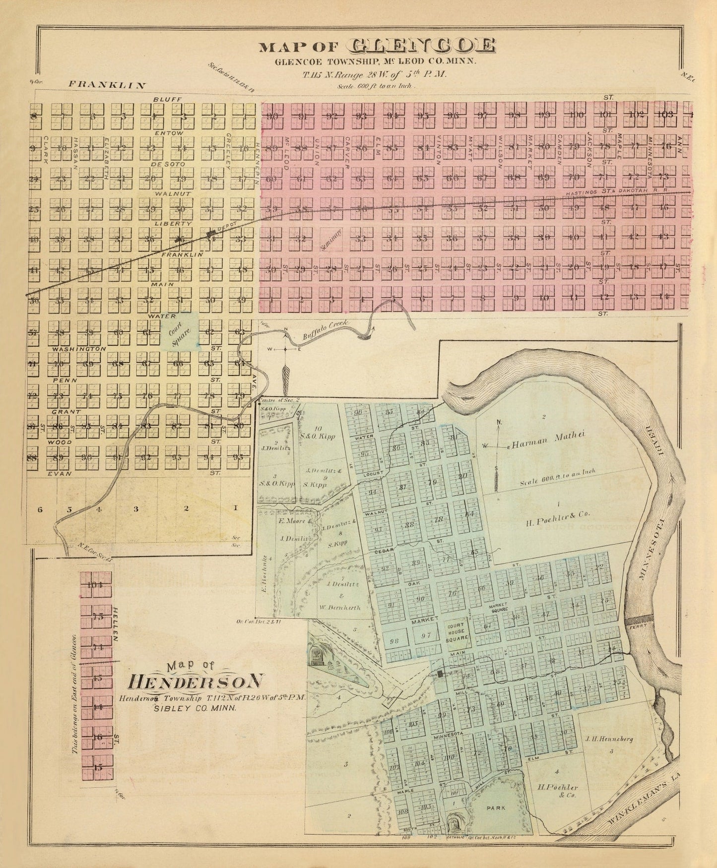 Vintage Map of Glencoe, Minnesota, 1874