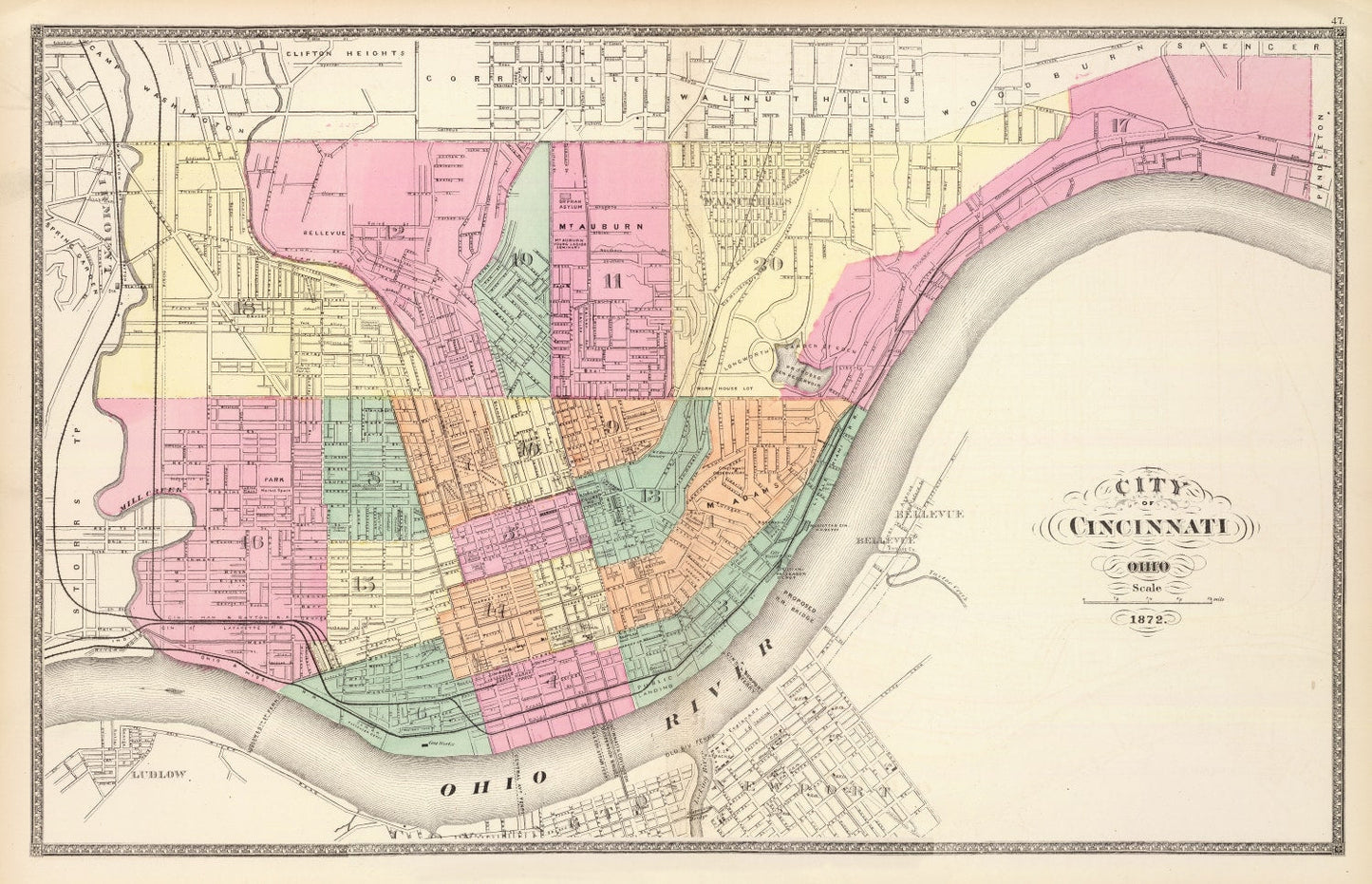 Vintage Map of Cincinnati, Ohio, 1872