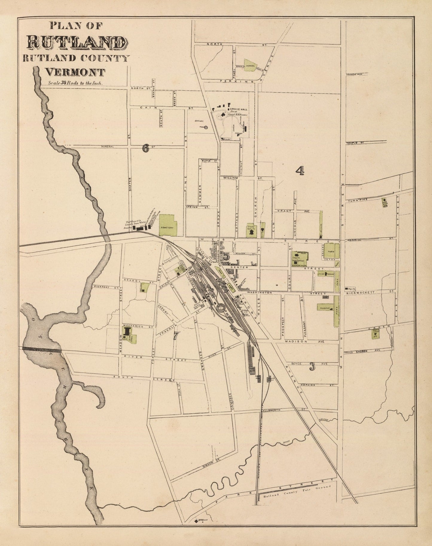 Vintage Map of Rutland, Vermont, 1876