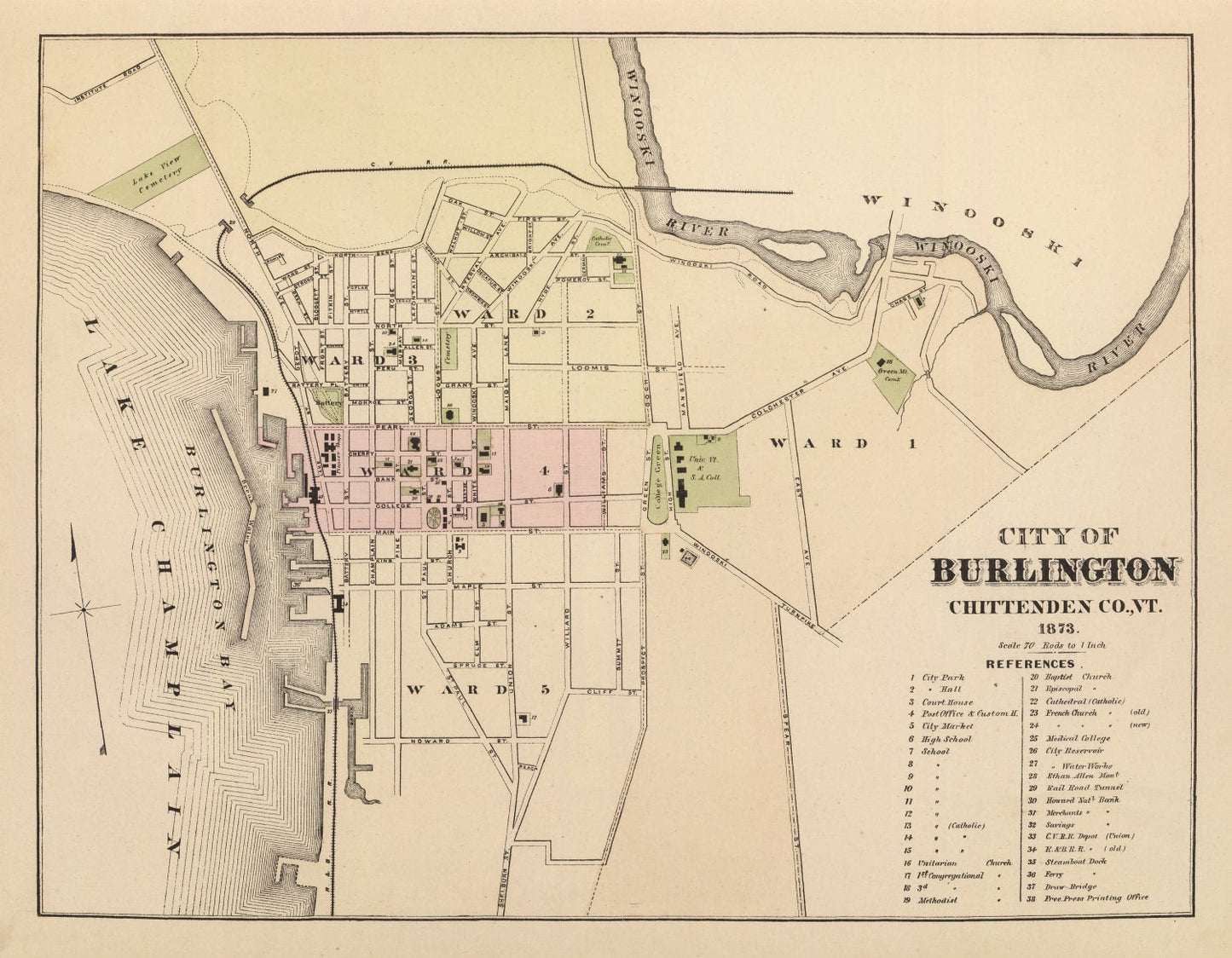 Vintage Map of Burlington, Vermont, 1873