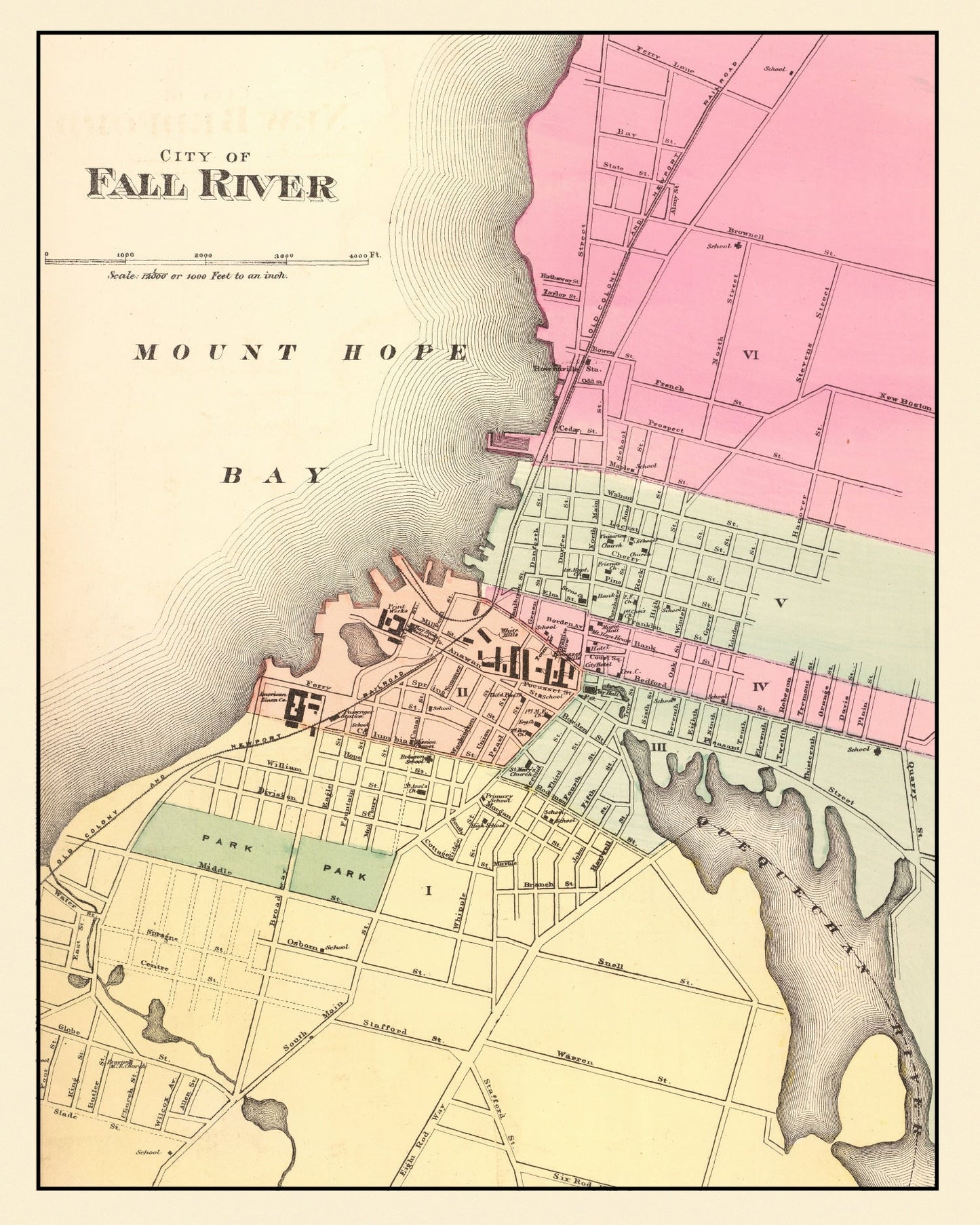 Vintage Map of Fall River, Massachusetts, 1871