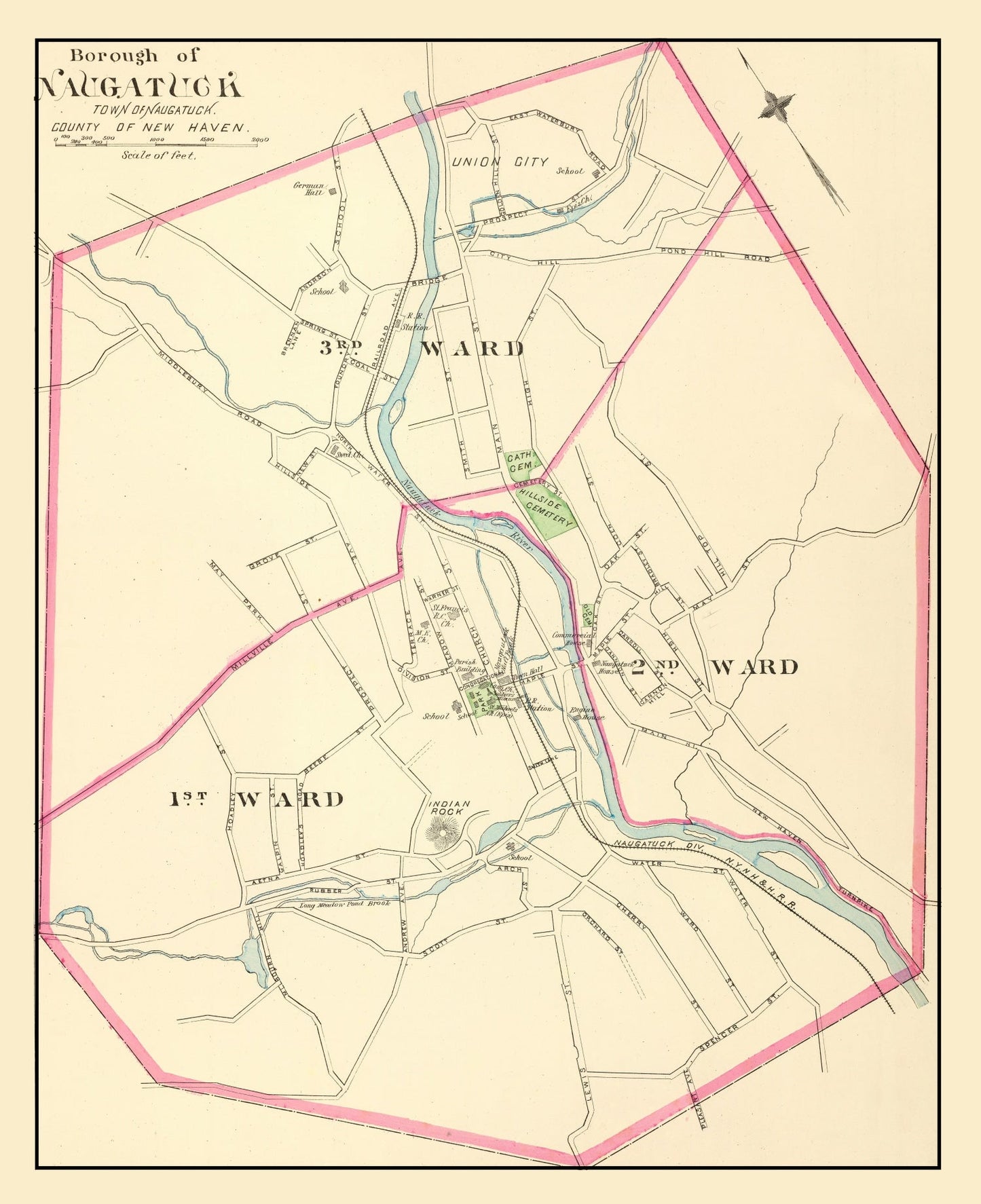 Vintage Map of Naugatuck, Connecticut, 1893