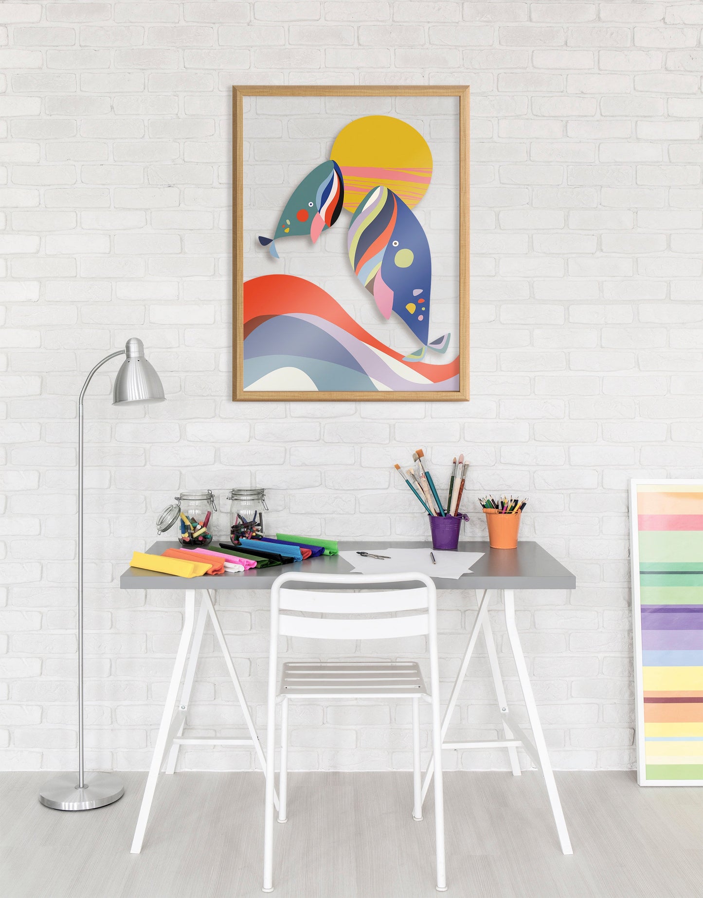 Modern Colorful Whales Framed Glass Wall Art