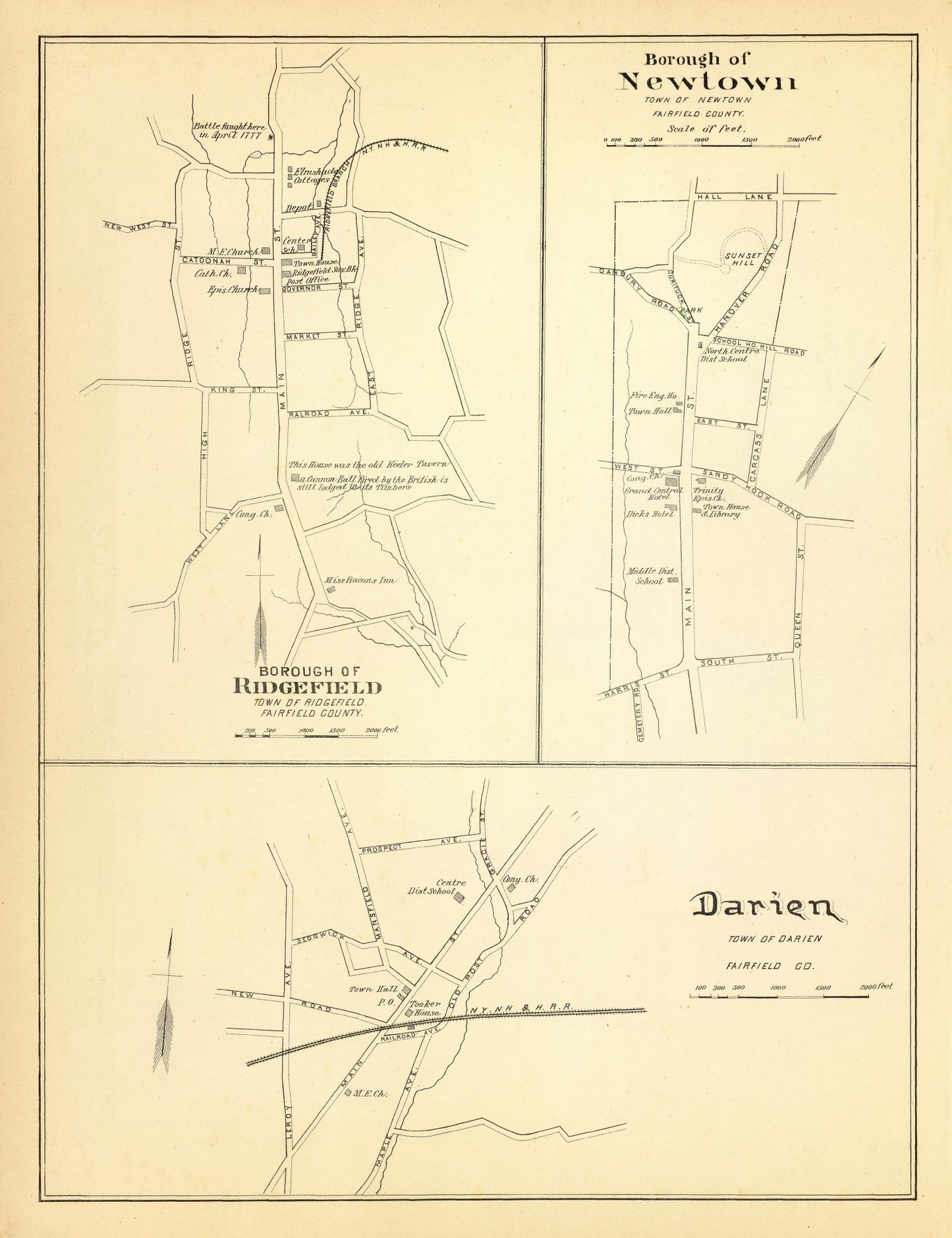 Vintage Map of Newtown, Connecticut, 1893
