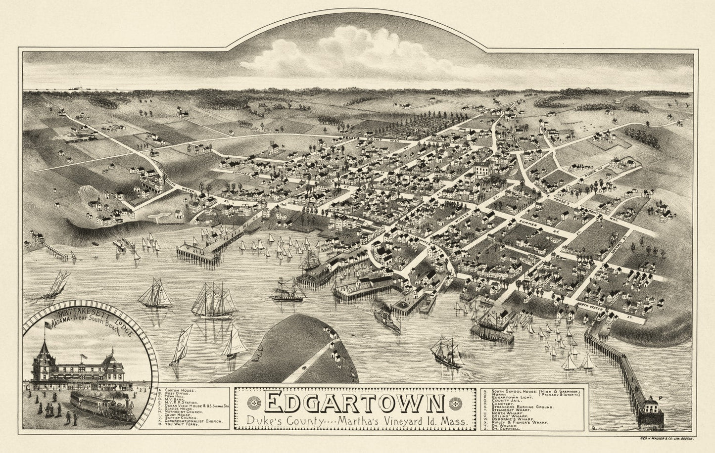Vintage Map of Edgartown, Massachusetts, 1886