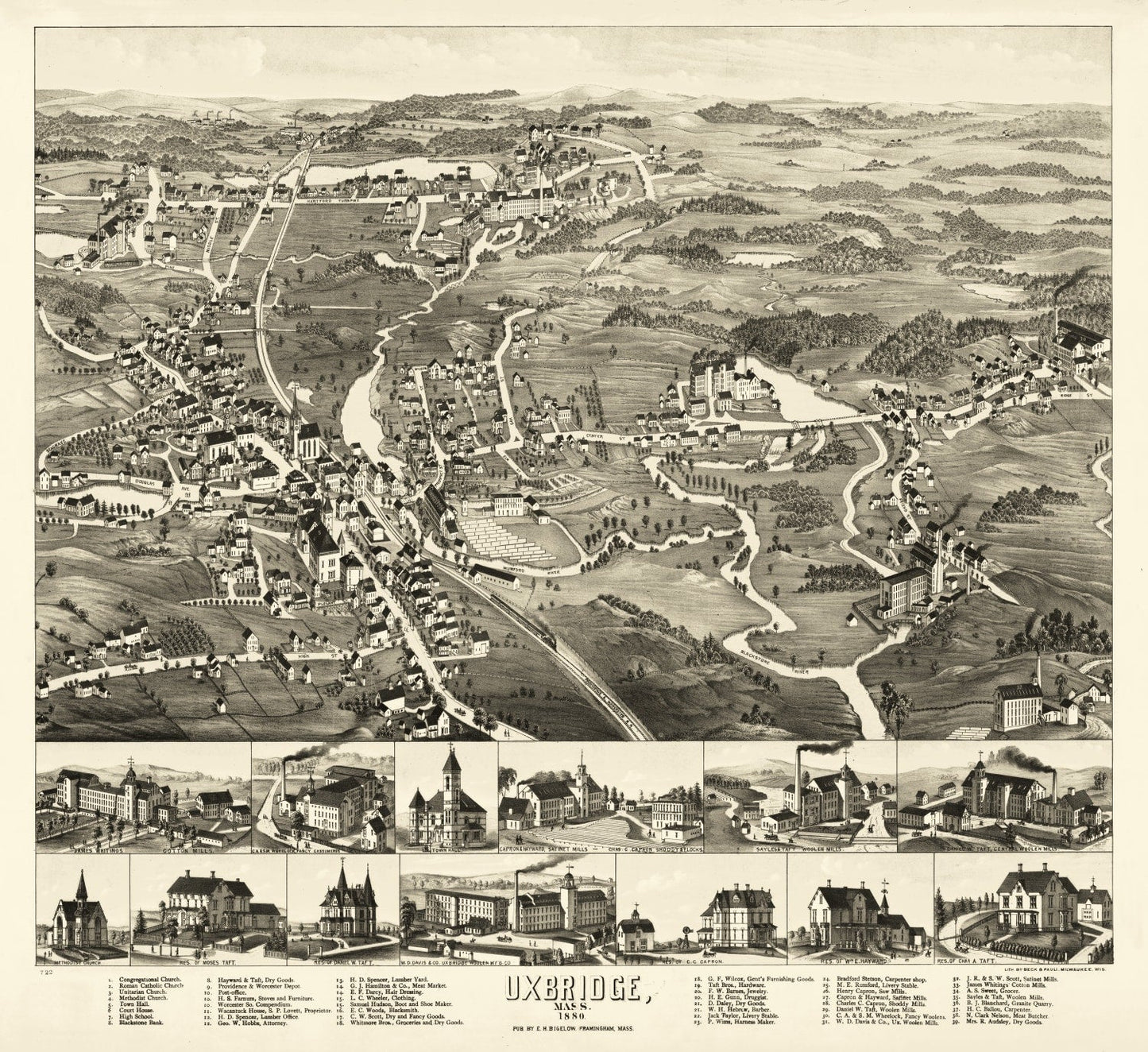Vintage Map of Uxbridge, Massachusetts, 1880