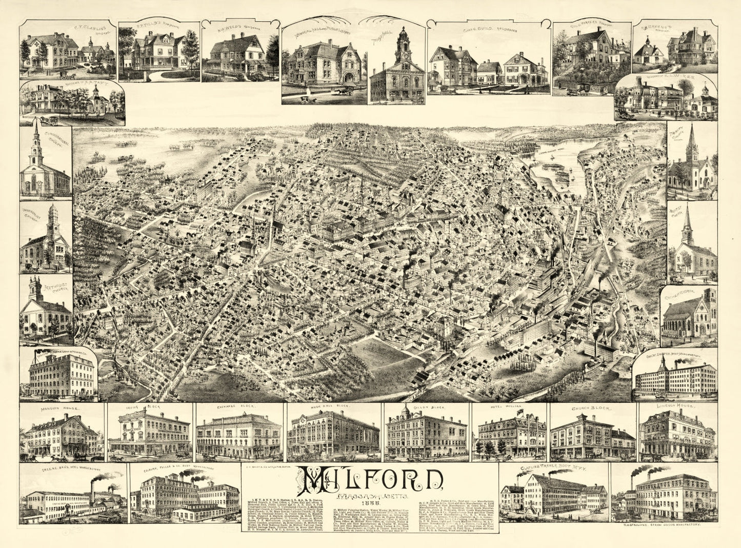 Vintage Map of Milford, Massachusetts, 1888