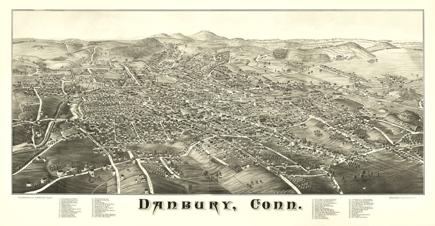 Vintage Map of Danbury, Connecticut, 1884