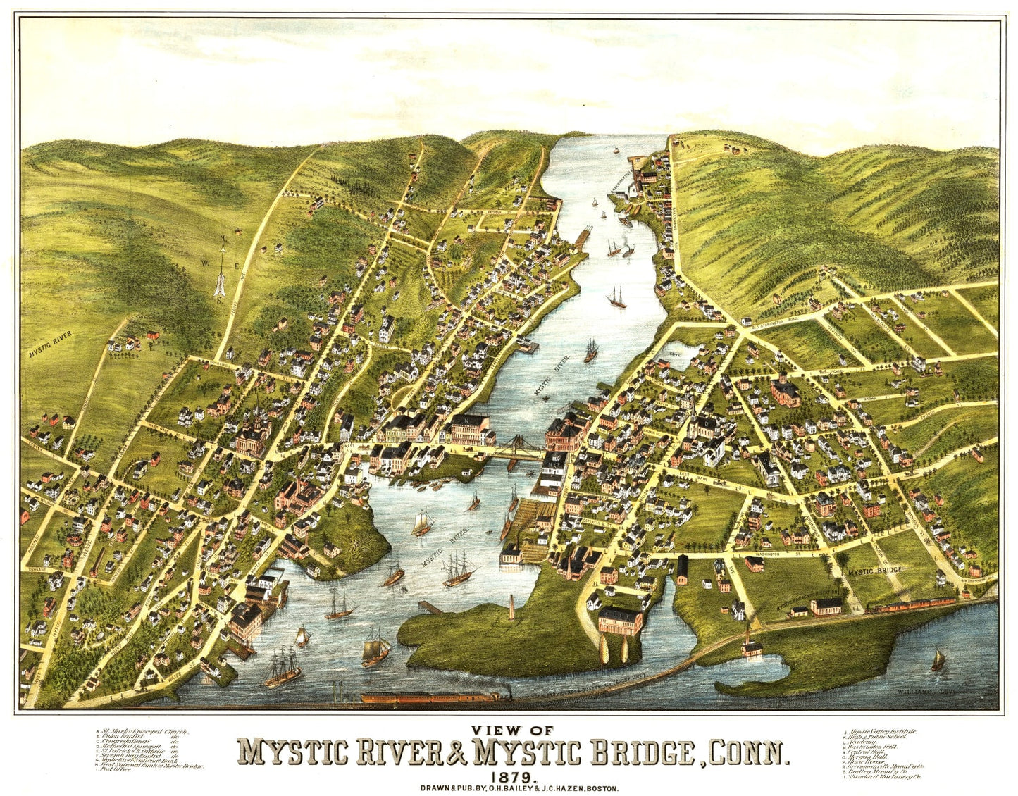 Vintage Map of Mystic River, Connecticut, 1879