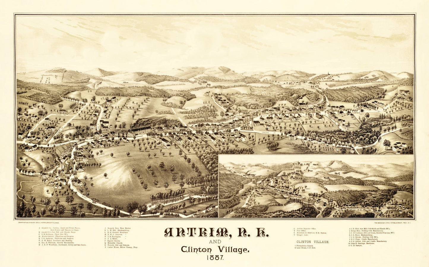Vintage Map of Antrim and Clinton Village, New Hampshire, 1887