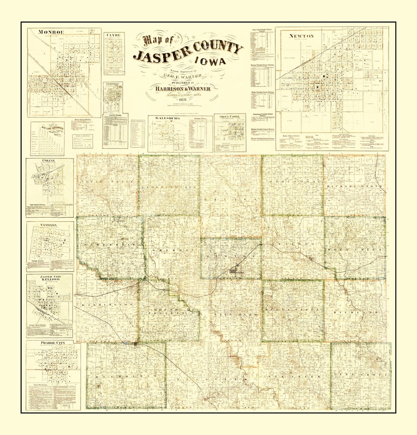 Vintage Map of Jasper County, Iowa, 1871