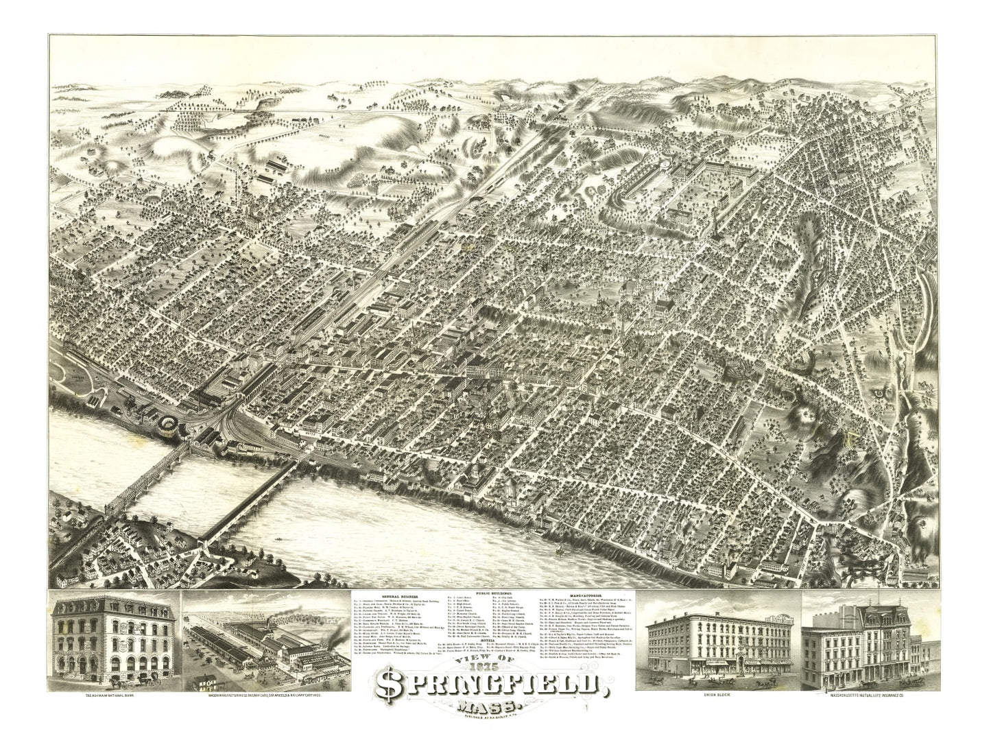 Vintage Map of Springfield, Massachusetts, 1875