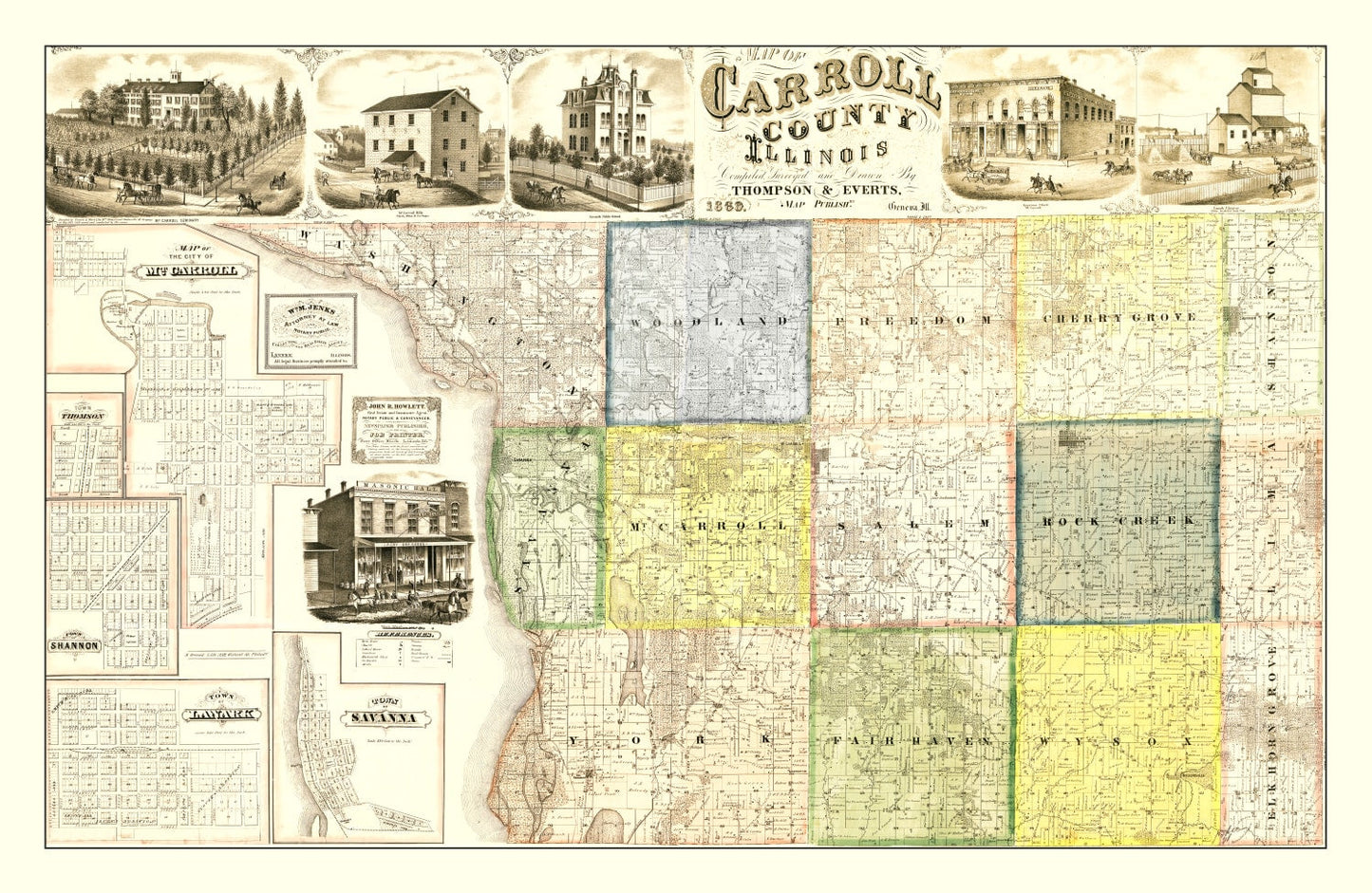 Vintage Map of Carroll County, Illinois, 1869