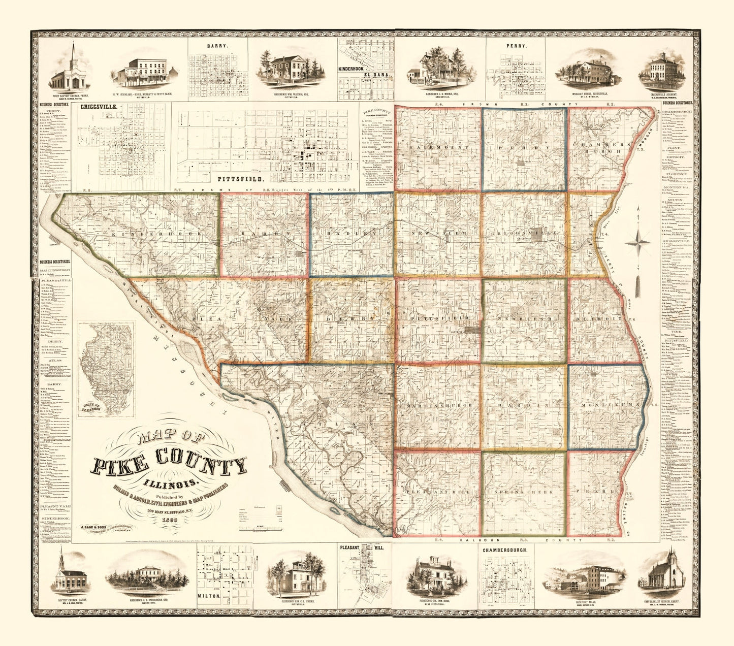 Vintage Map of Pike County, Illinois, 1860