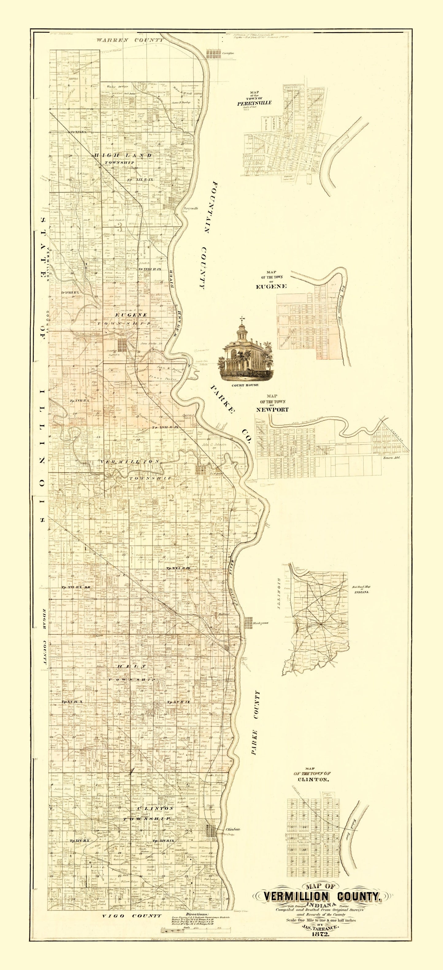 Vintage Map of Vermillion County, Indiana, 1872