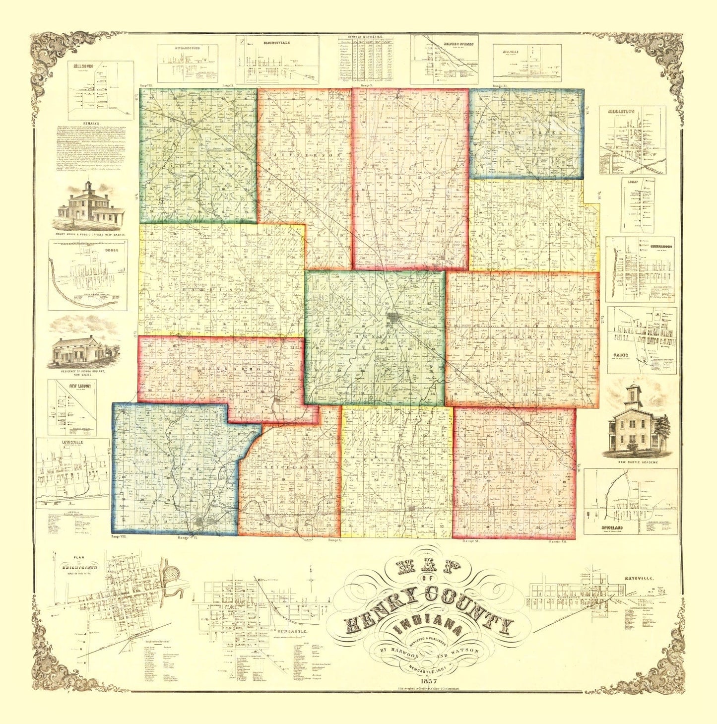 Vintage Map of Henry County, Indiana, 1857