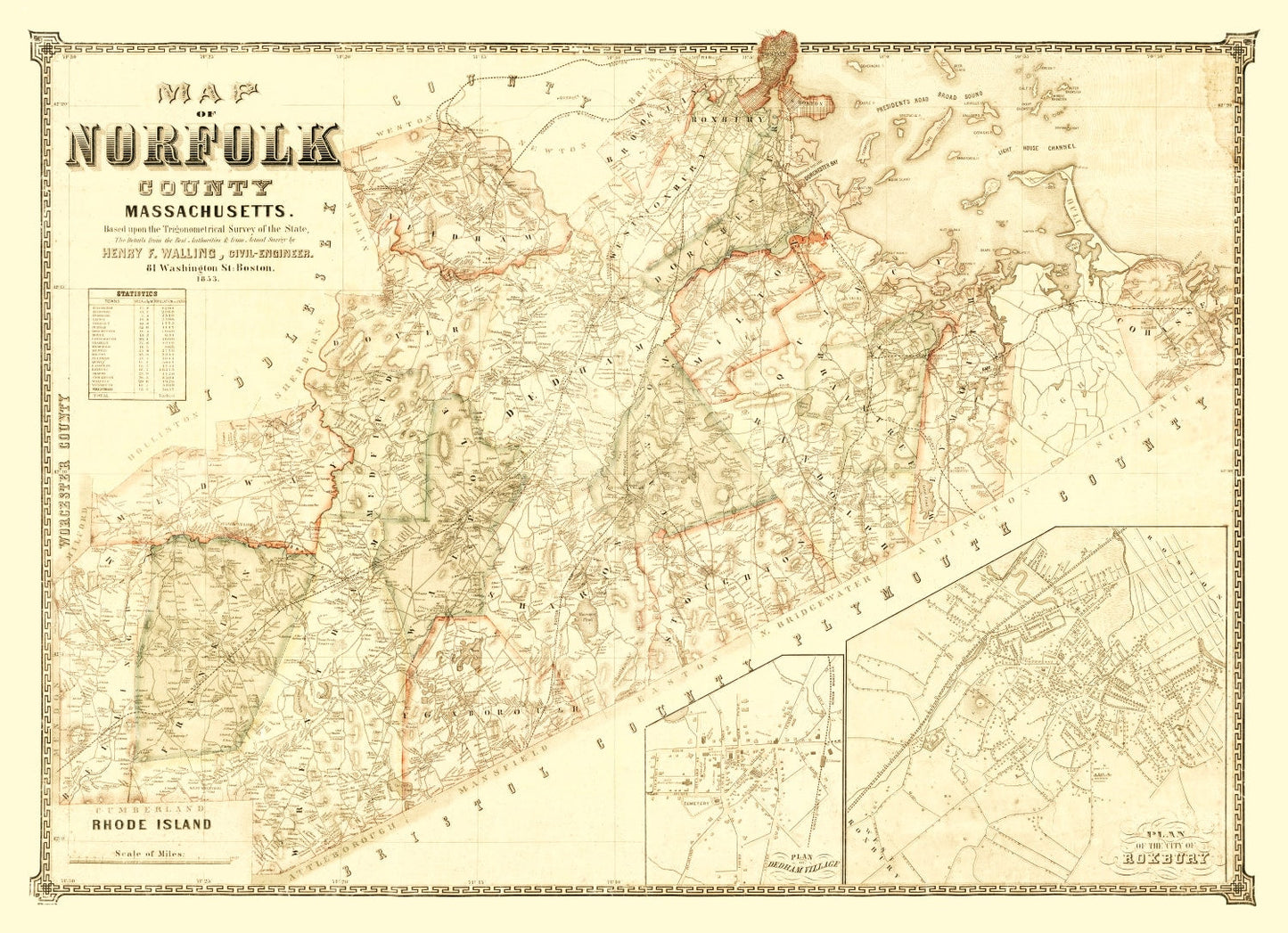 Vintage Map of Norfolk County, Massachusetts, 1853