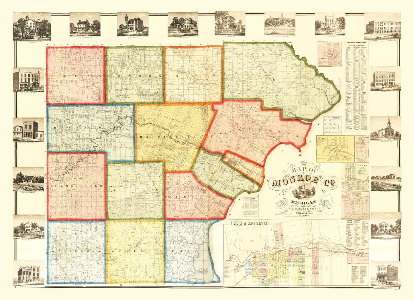Vintage Map of Monroe County, Michigan, 1859