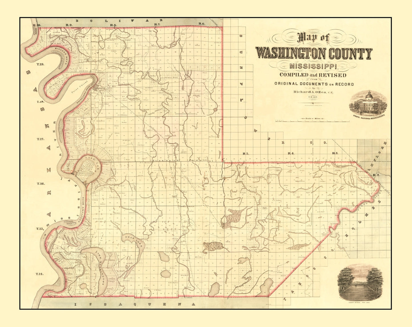 Vintage Map of Washington County, Mississippi 1871 - Edition II
